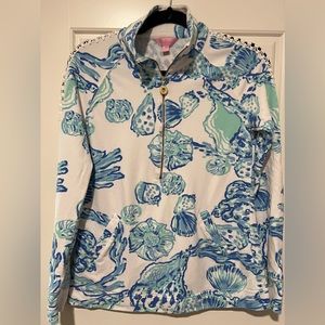 Lilly Pulitzer Skipper Popover - (Blue and White Conch Seashell 3/4 quarter zip)